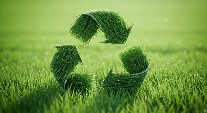 A vibrant green recycle symbol formed from grass showcasing ecological sustainability on transparent background