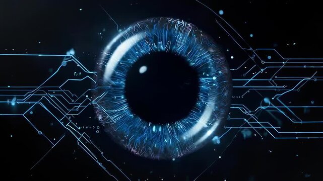 A glowing human eye with digital circuit-like patterns overlaid, set against a dark backdrop