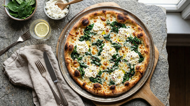 thin crust pizza with spinach ricotta and melted cheese
