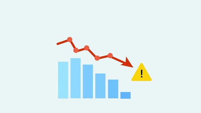 Animated bar chart with falling trend line and warning icon on clean background, representing market crash, financial risk, business loss, and economic downturn alert.
