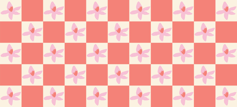 Seamless Retro Checkered Floral Pattern &ndash; Whimsical Hand Drawn Dopamine Design for Joyful Branding
