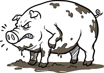 Fototapeta premium Angry Dirty Smelly Pig Cartoon Illustration in Muddy Environment