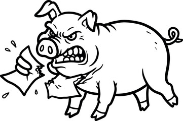 Fototapeta premium Angry Cartoon Pig Tossing Paper in Black and White Style