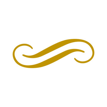 Elegant golden horizontal scroll flourish design element on a white background, featuring symmetrical curves and decorative ends.