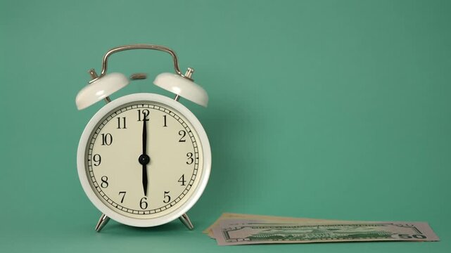 Classic white alarm clock ringing at six o'clock next to a stack of dollar bills, representing the concept that time is money, with copy space for text on a solid green background