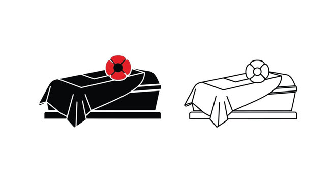 Funeral coffin with poppy flower and flag icons, burial casket with remembrance poppy symbol, mourning and memorial service vector set