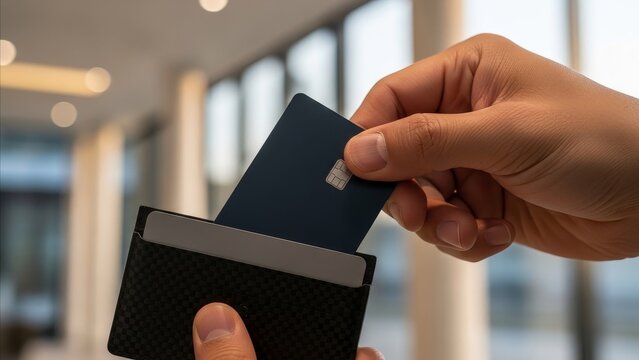 Hand inserting dark blue credit card with chip into modern black contactless payment terminal reader device
