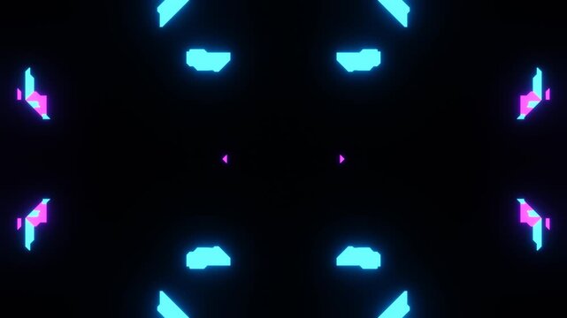 Pulsating symmetrical neon shapes in vibrant cyan and magenta creating a dynamic, kaleidoscopic pattern perfect for vj loops, music events, and futuristic backgrounds against a stark black backdrop