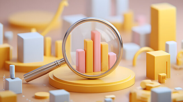 3D stylized business analysis board with magnifying glass, isolated on transparent background
