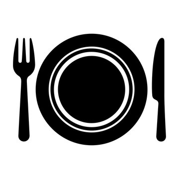Minimalist black and white vector icon representing a stylized dinner plate with fork and spoon