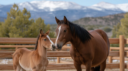 Fototapeta premium Ranch manager feeds rescued mustang mare and foal in protected sanctuary corral with mountain wilderness visible beyond wooden fence, perfect for wild horse welfare, animal rescue, and contemporary 