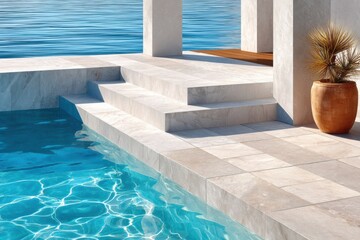 Fototapeta premium Sunlit poolside patio with marble steps and ocean view for a modern coastal retreat
