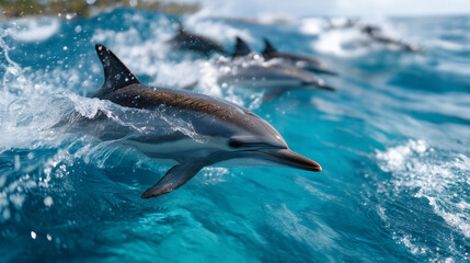 Naklejka premium Marine biologist tracks spinner dolphin superpod from research vessel in turquoise Pacific waters, recording social communication patterns, ideal for ocean conservation, cetacean study, and modern m