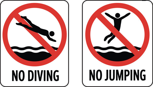 No diving and no jumping safety warning sign art illustration for pool restriction hazard notice symbol design