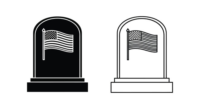 American military headstone icons with USA flag, memorial day gravestone vector set, patriotic cemetery tombstone symbols for veterans