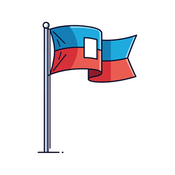 A stylized illustration of a waving flag with red and blue horizontal stripes and a white square in the center, mounted on a flagpole.