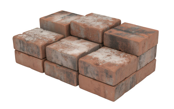 Stack of rectangular red bricks with white patches on black stacked bricks isolated on a transparent background