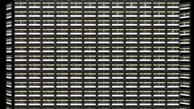  Retro Black Audio Cassette Flat Lay Grind Transition with Alpha Channel horizontal two sides wipe.