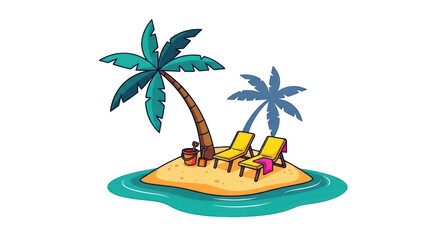 Fototapeta premium Cartoon island with palm trees and beach chairs tropical vacation spot transparent background