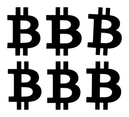 Obraz premium Solid black icon, white background: bitcoin (BTC) currency symbol set with simple line art design featuring outline, illustration, graphic elements with clean design and vector art