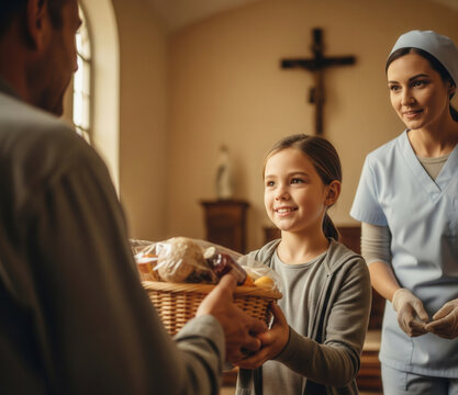 Smiling girl hands donation basket to man during parish outreach.