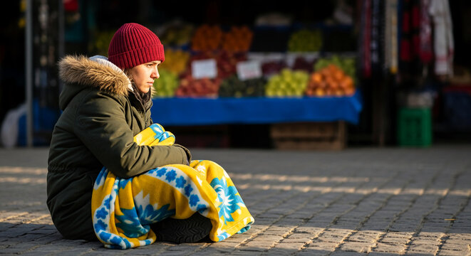 Profile of individual seated with patterned blanket and winter clothing, representing hope, displacement or resilience in challenging circumstance
