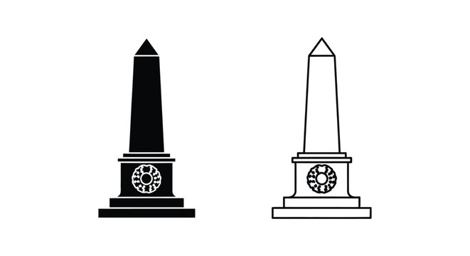 Minimalist obelisk monument vector icons, black and white Egyptian stone pillar symbols, historical landmark tower silhouette and outline