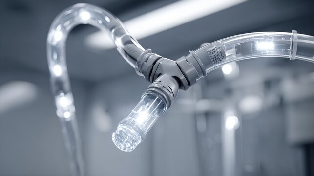 Close-up of sterile flexible plastic tubing connection with bright illumination