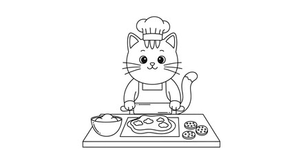 Fototapeta premium A cartoon cat wearing a chef's hat prepares food on a cutting board.