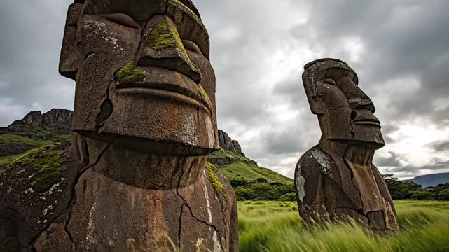 Moai Statues on Easter Island Landscape.