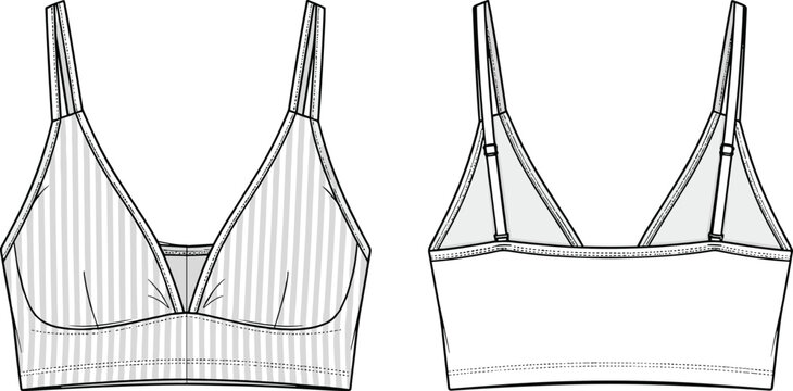 Technical Fashion Flat Sketch of a Women's Ribbed Triangle Bralette with Adjustable Straps and Front Back View, CAD Drawing Flat Vector Illustration