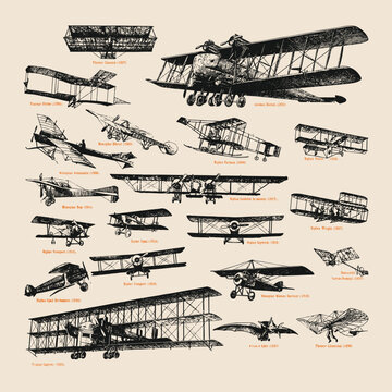 Historical airplanes icons set retro logo old vintage illustration poster template design vector
