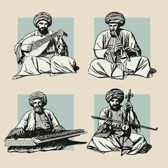Musicians playing set old retro vintage illustration poster template design vector elements © Mariano