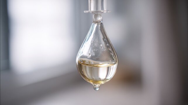 Close-up view of clear transparent liquid being dispensed from laboratory equipment.