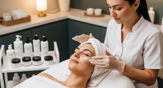 A beautician gently performs a facial massage on a woman's face. She wears a white uniform and gloves, and she is providing a relaxing skincare treatment.