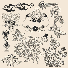 Fototapeta premium Ornamental classic flowers pattern textures art nouveau oriental vector illustrations icons set 3