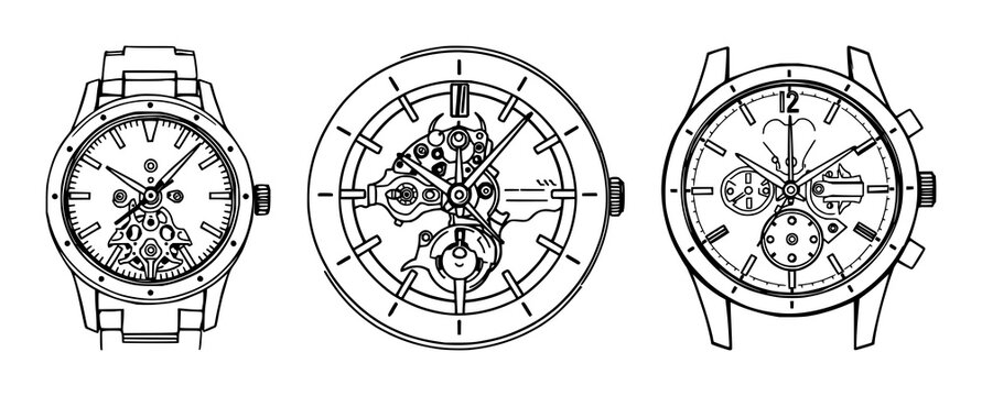 Skeleton watch face set with black line art detail and white background featuring skeleton, watch, line art with black and white and illustration