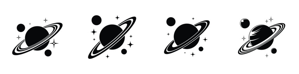 Set of Planet with Rings Icons – Black Space Planet Silhouette Vector, Saturn Style Celestial Body Illustration, Astronomy and Universe Design for Cosmic, Science, and Outer Space Concepts © Parvez