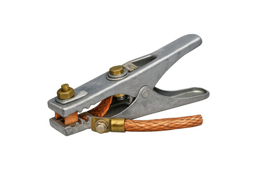 Welding ground clamp with copper cable on transparent background