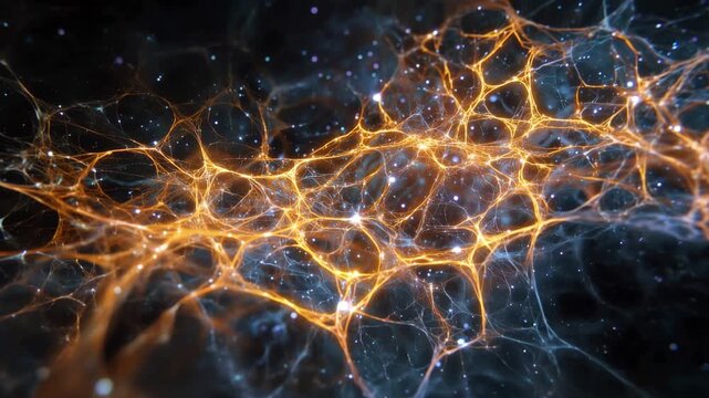 Abstract quantum web of delicate connective tissue strands glowing blue and gold, resembling neural networks or cosmic structures and futuristic design