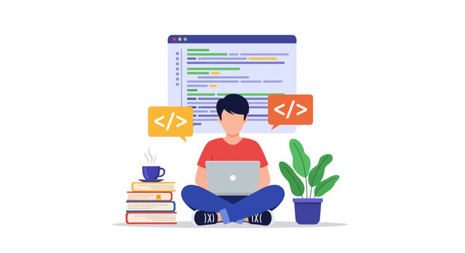 Illustration of a man sitting cross-legged with a laptop, books, and a potted plant against a coding webpage background.