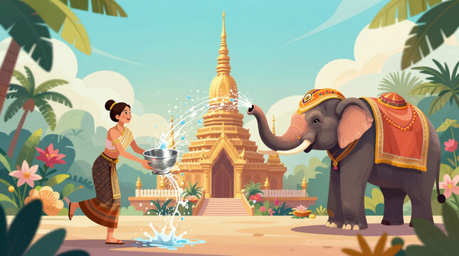 Cheerful Detailed Illustration of Songkran Festival Featuring Woman and Elephant