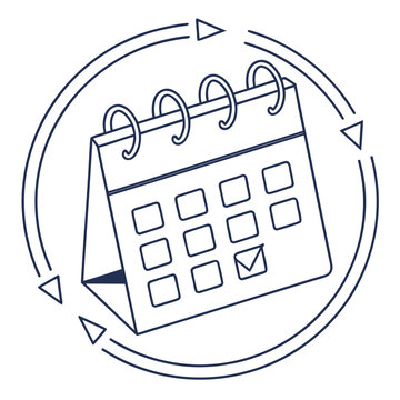 Calendar with check mark and rotating arrows indicating a repeating cycle or recurring event concept vector illustration outline style