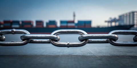 Naklejka premium supply chain management logistics risk management. Close-up of a metal chain with a blurred cargo ship in the background, emphasizing strength and industrial shipping.