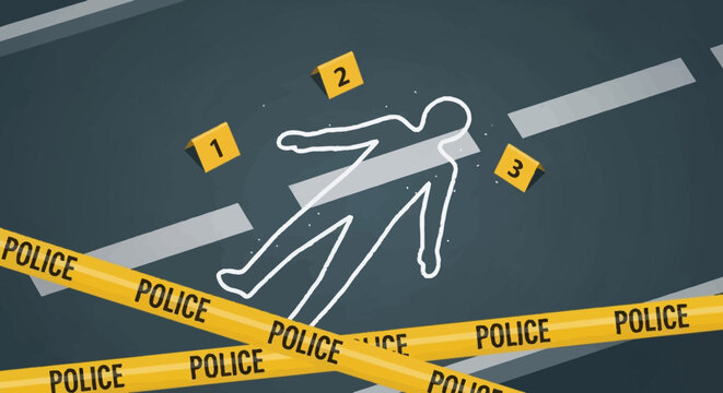 Crime scene tape marking a chalk outline of a body on a road