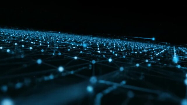 Dynamic digital network of interconnected blue dots and lines extends infinitely across a dark background, symbolizing global communication and technological advancement.