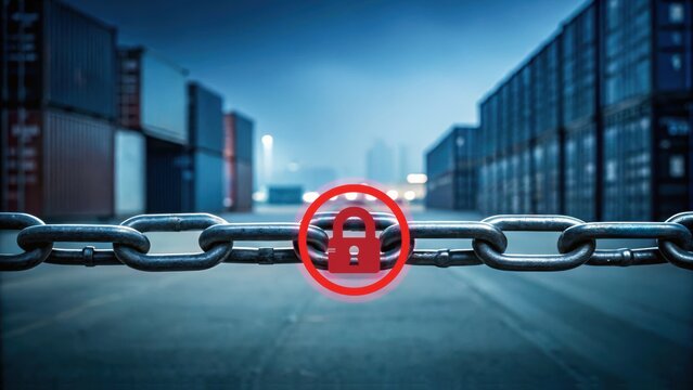 supply chain management logistics risk management. Red padlock on a chain blocking access to a shipping container yard, symbolizing security and restricted entry.