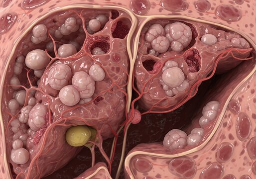Detailed 3D Illustration of Polycystic Kidney Disease Affecting the Kidneys.