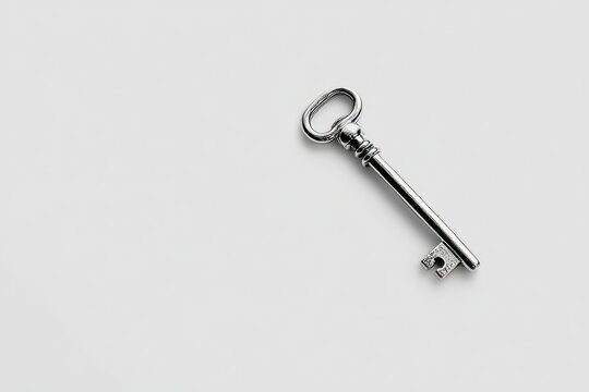 Silver skeleton key on plain white background - close-up metallic object