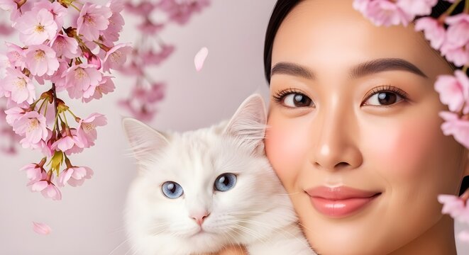 桜と白い猫を抱くアジア人女性のポートレート